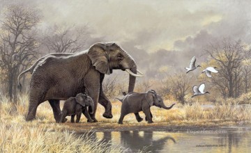Elefanten Matriarchin und Kälber Ölgemälde